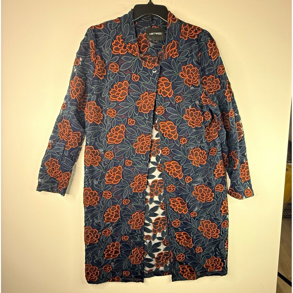 Driftwood Women's Jacket L Blue Orange Floral Embroidered Button Long Sleeve L